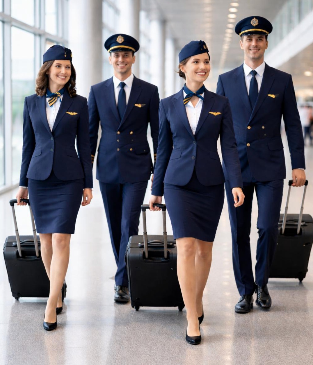 Cabin crew and pilot walking through an airport